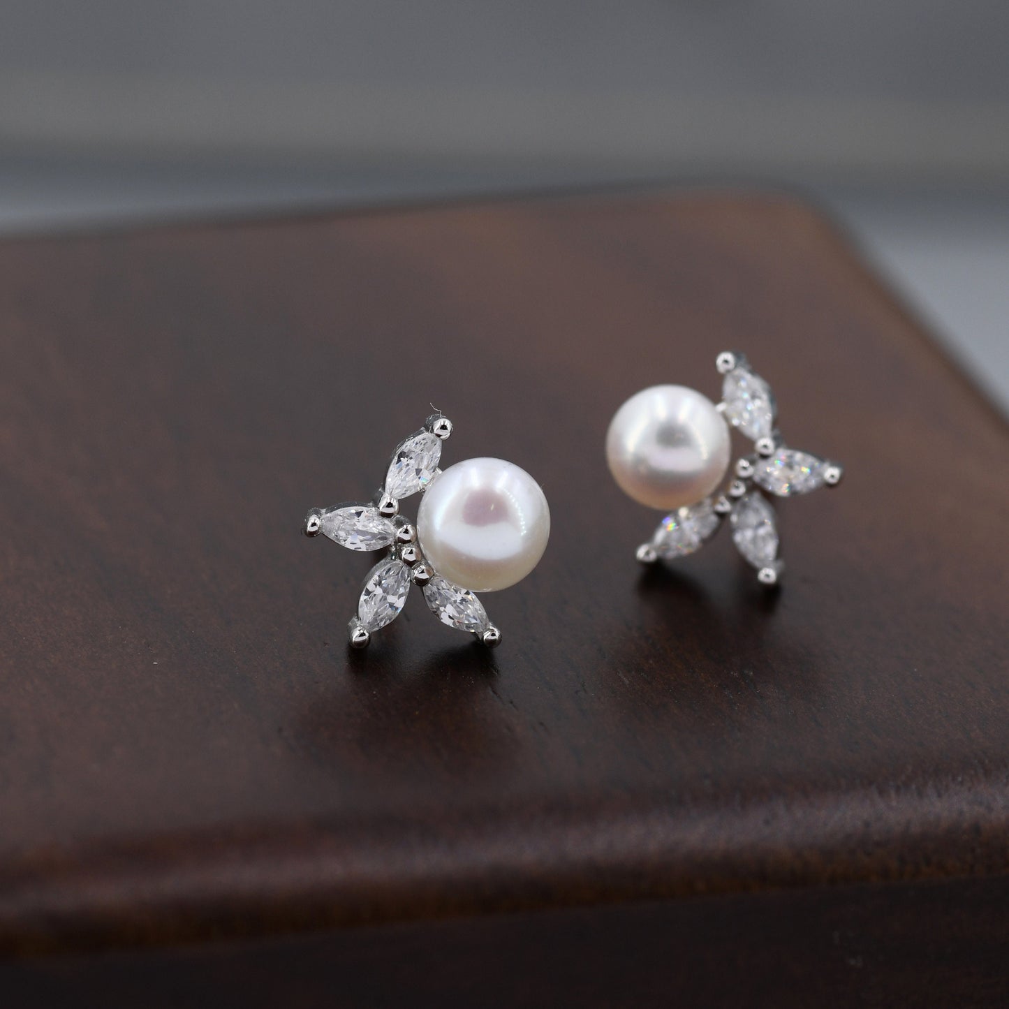 Genuine Freshwater Pearl with Marquise CZ Stud Earrings in Sterling Silver, Delicate Tiny Pearl and CZ Earrings, Genuine Pearls.