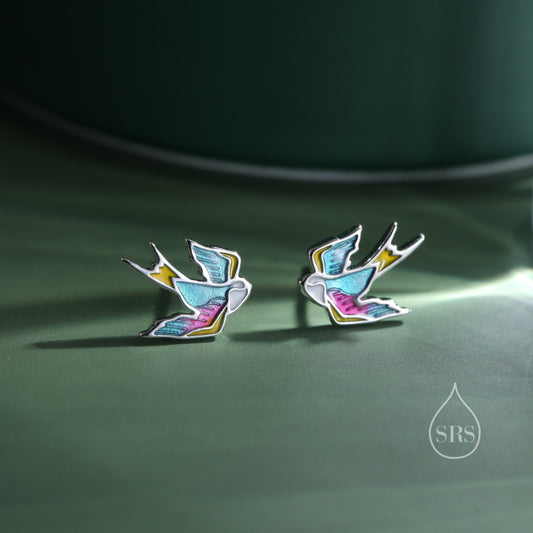 Sterling Silver Tatoo Inspired Swallow Bird Stud Earrings, Enamel Painted Swallow Bird Stud Earrings, Fun and Quirky Colour Bird Stud