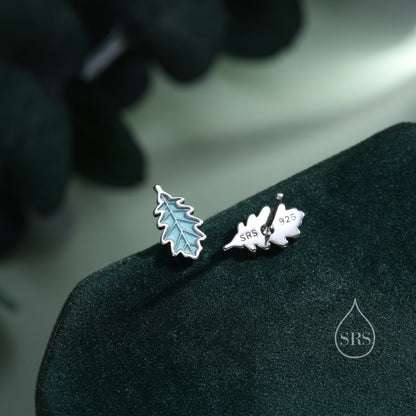 Enamel Oak Leaf Stud Earrings in Sterling Silver, Petite Acorn Leaf Earrings, Small Leaf Stud, Nature Inspired