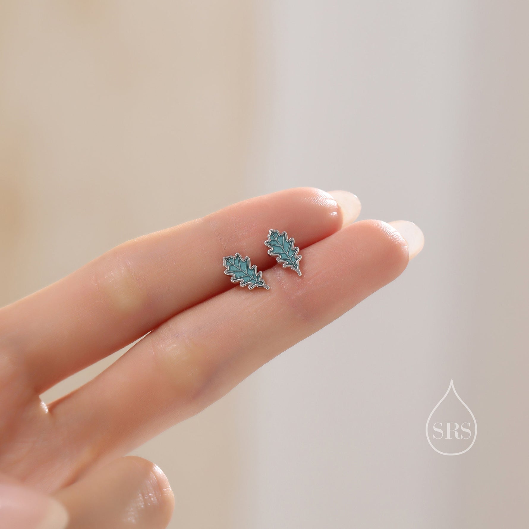 Enamel Oak Leaf Stud Earrings in Sterling Silver, Petite Acorn Leaf Earrings, Small Leaf Stud, Nature Inspired
