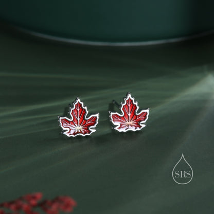 Enamel Maple Leaf Stud Earrings in Sterling Silver, Petite Maple Leaf Earrings, Small Leaf Stud, Nature Inspired