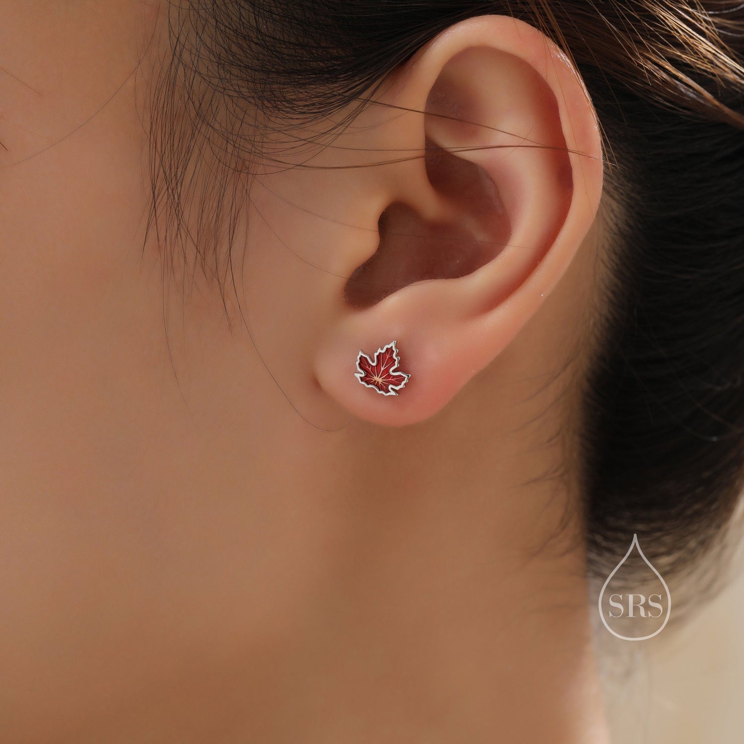 Mismatched Enamel Maple Leaf and Mushroom Stud Earrings in Sterling Silver, Petite Asymmetric Mushroom and Maple Leaf Earrings