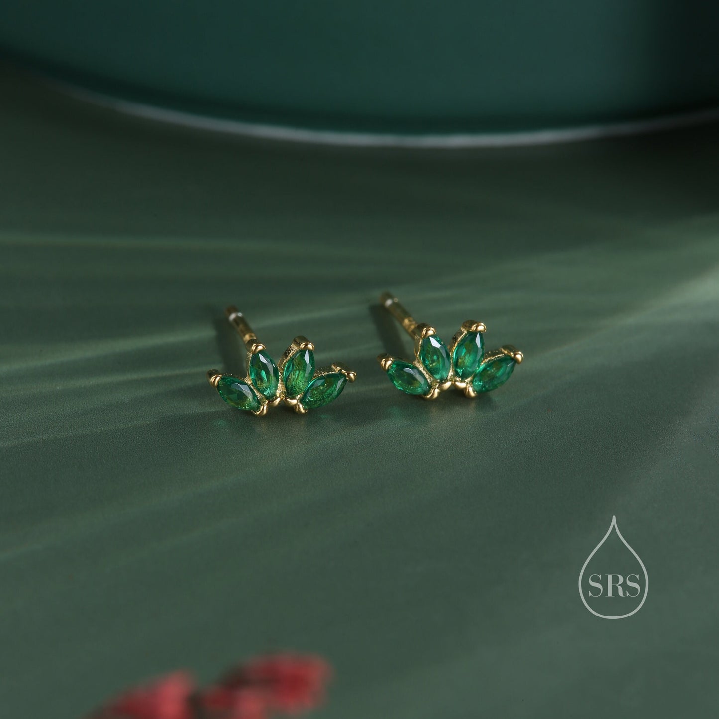 Green CZ Lotus Flower Screw Back Earrings in Sterling Silver, Silver or Gold, CZ Marquise Flower Barbell Earrings, Crown Piercing Earrings