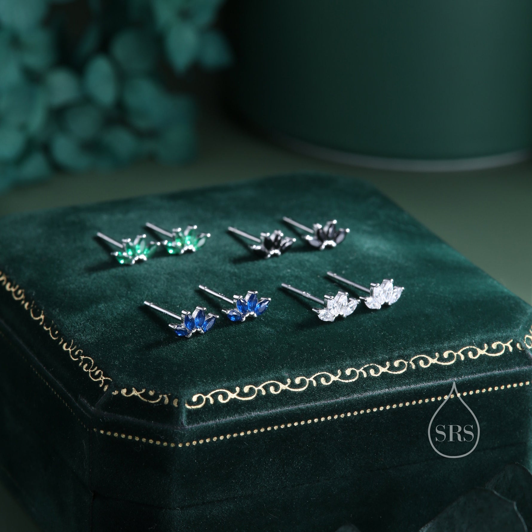 Green CZ Lotus Flower Screw Back Earrings in Sterling Silver, Silver or Gold, CZ Marquise Flower Barbell Earrings, Crown Piercing Earrings