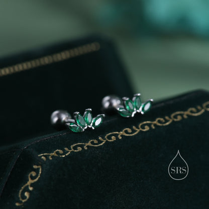 Green CZ Lotus Flower Screw Back Earrings in Sterling Silver, Silver or Gold, CZ Marquise Flower Barbell Earrings, Crown Piercing Earrings