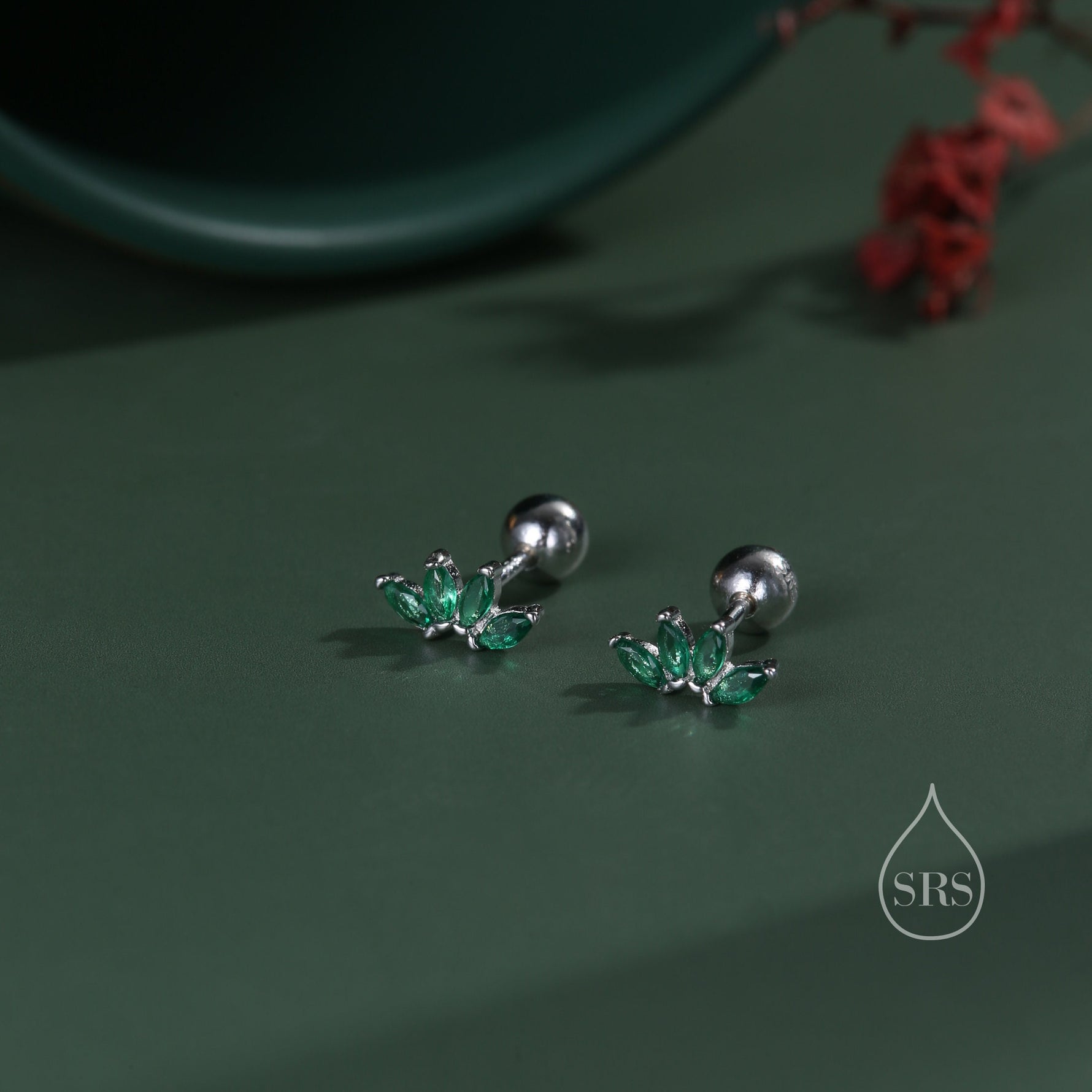 Green CZ Lotus Flower 18G Screw Back Earrings in Sterling Silver