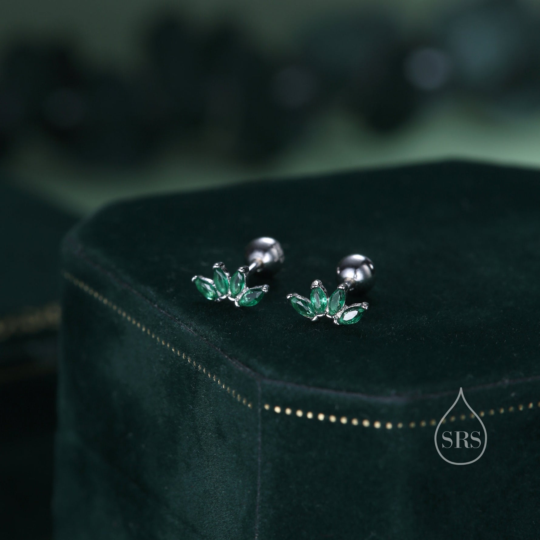 Green CZ Lotus Flower 18G Screw Back Earrings in Sterling Silver