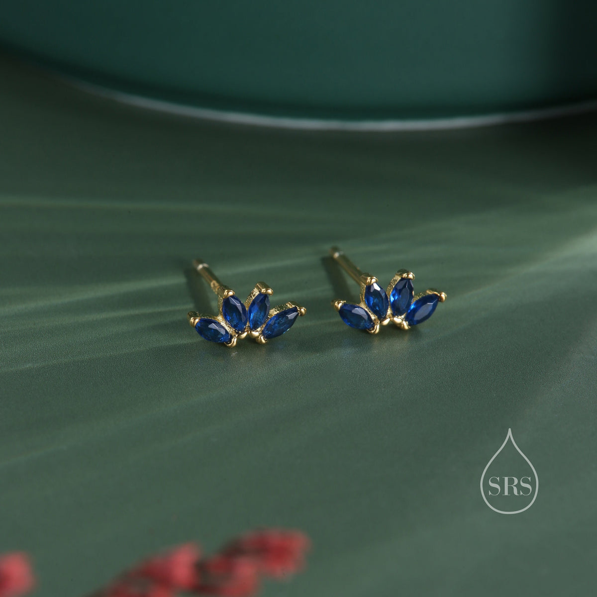 Sapphire Blue CZ Lotus Flower Stud Earrings in Sterling Silver
