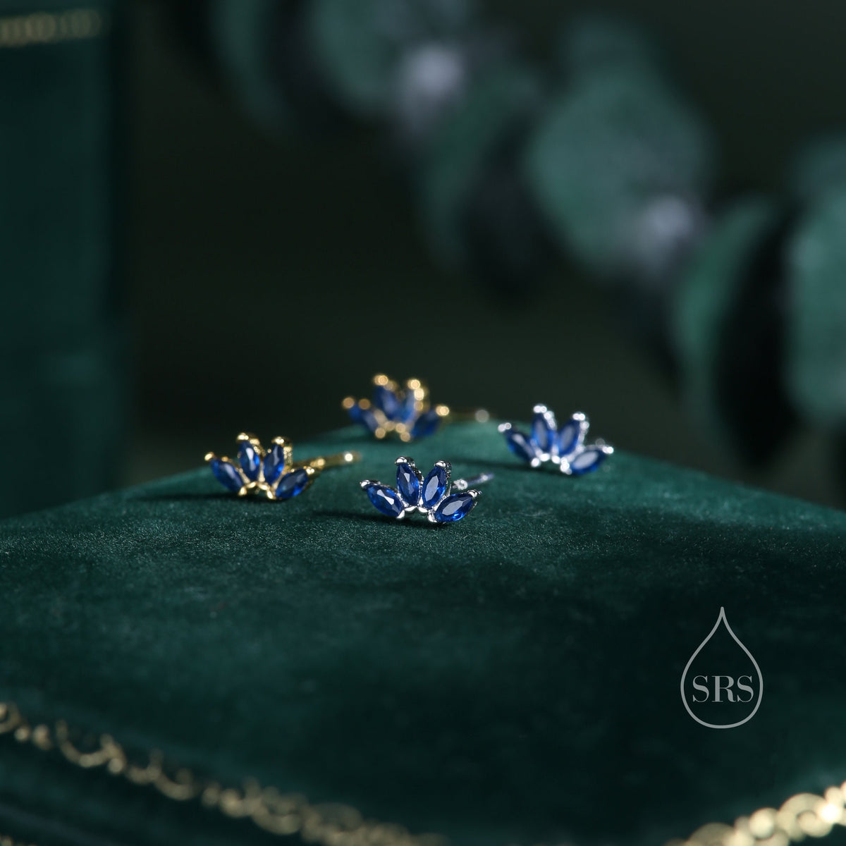 Sapphire Blue CZ Lotus Flower 18G Screw Back Earrings in Sterling Silver