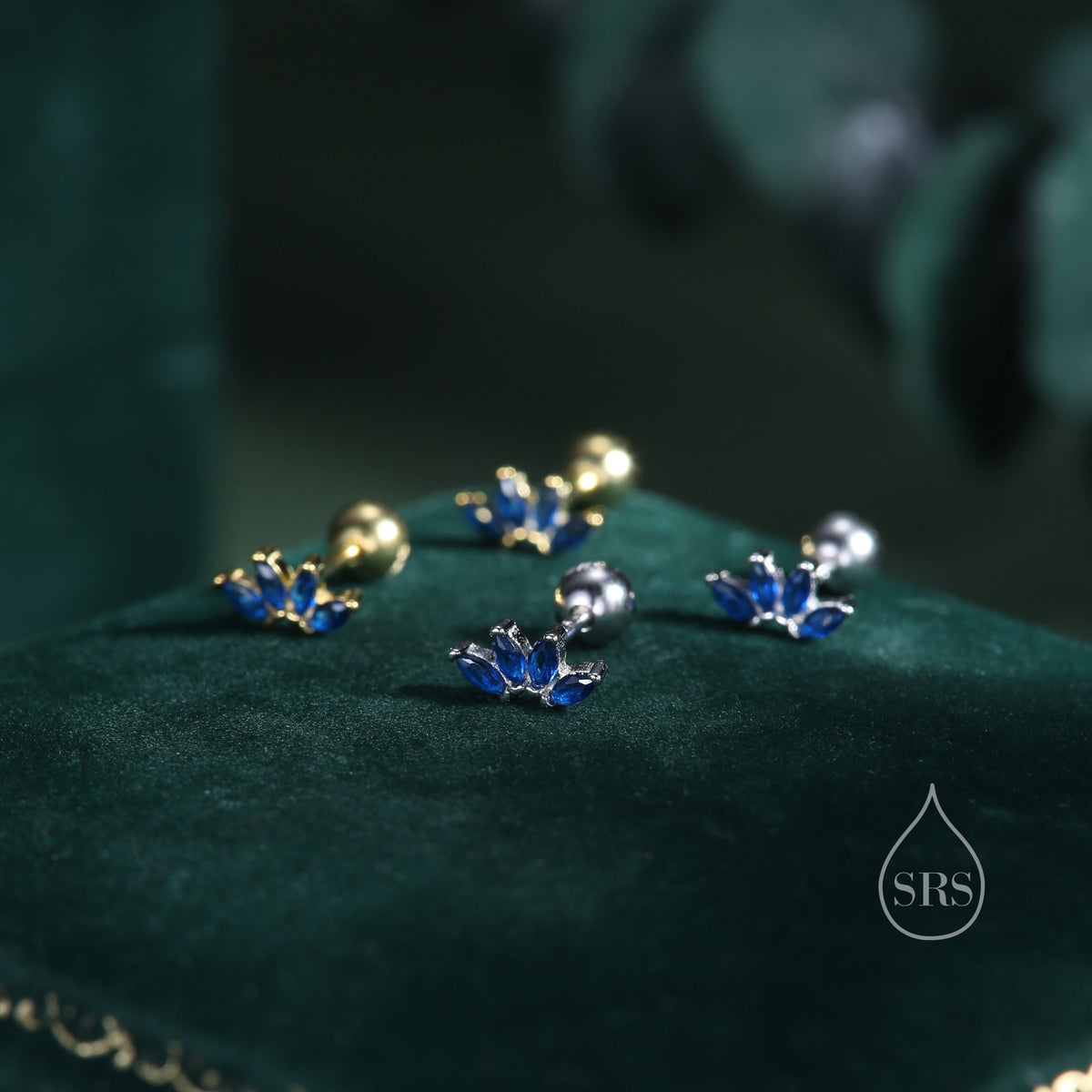 Sapphire Blue CZ Lotus Flower 18G Screw Back Earrings in Sterling Silver