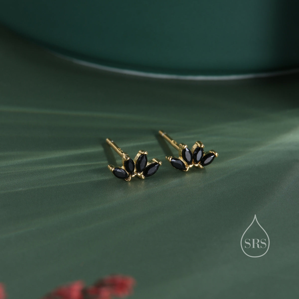 Black CZ Lotus Flower Stud Earrings in Sterling Silver