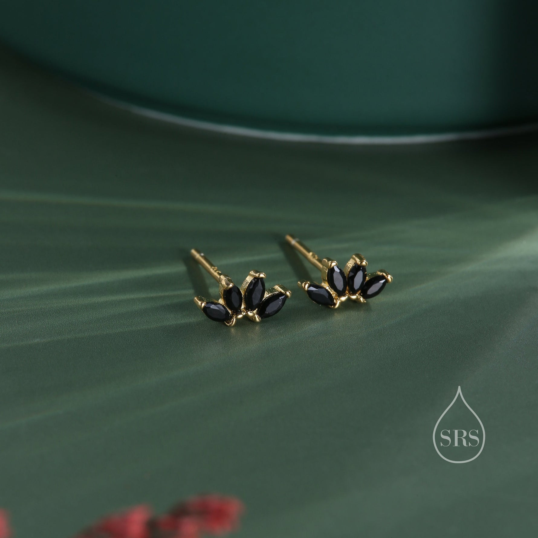 Black CZ Lotus Flower Stud Earrings in Sterling Silver