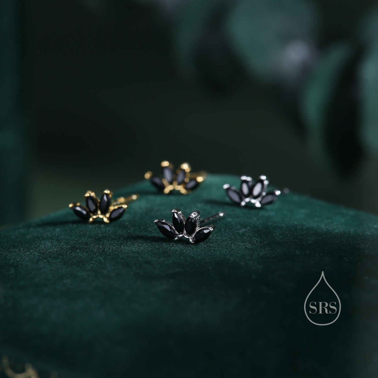 Black CZ Lotus Flower Screw Back Earrings in Sterling Silver, Silver or Gold, CZ Marquise Flower Barbell Earrings, Crown Piercing Earrings