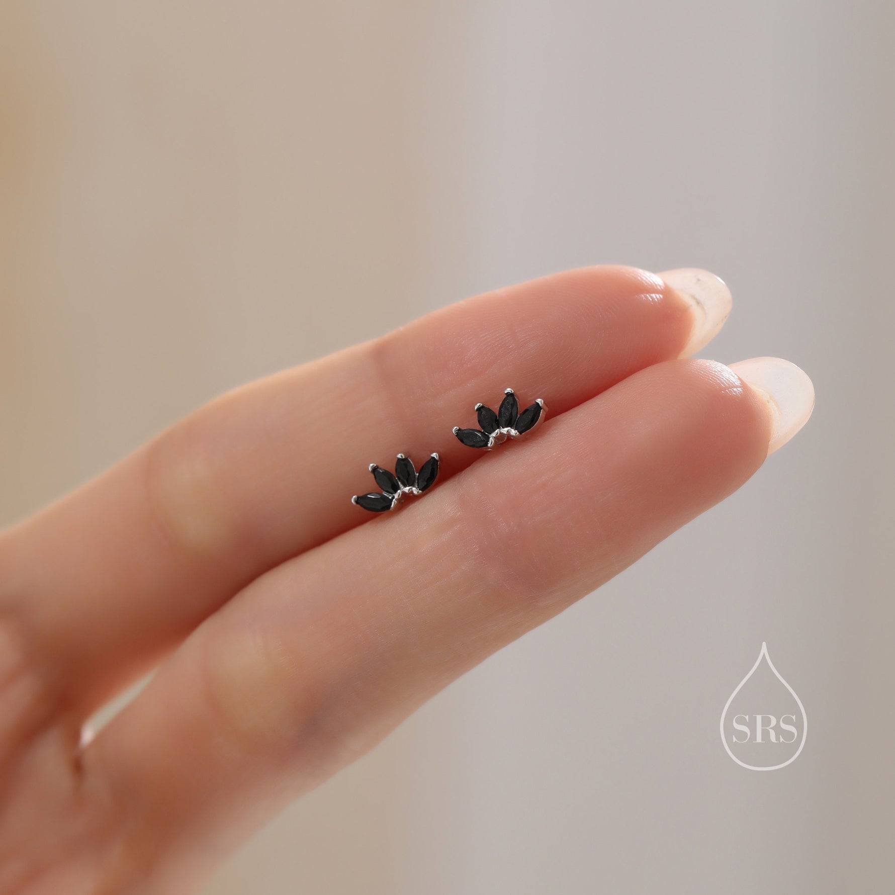 Black CZ Lotus Flower 18G Screw Back Earrings in Sterling Silver