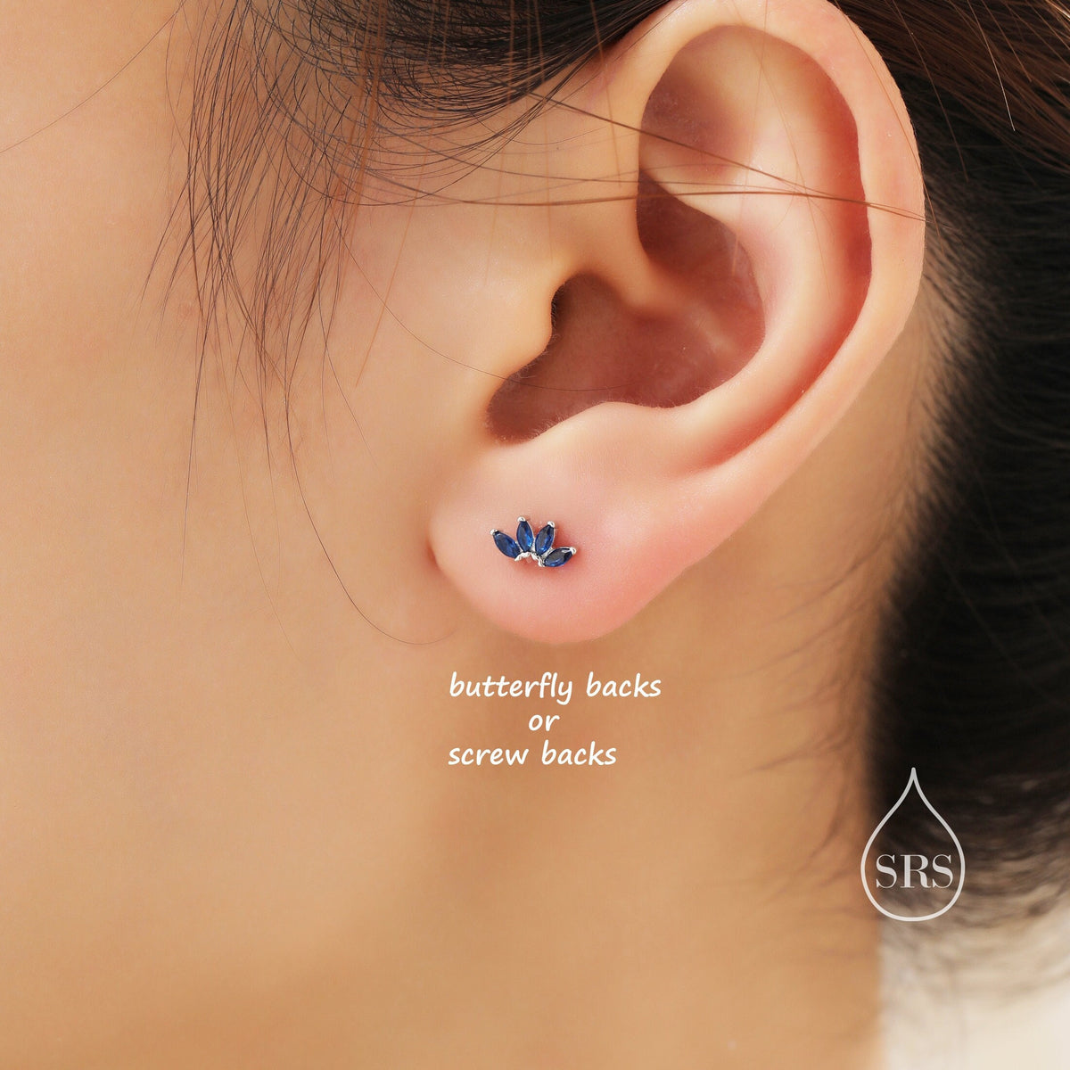 Sapphire Blue CZ Lotus Flower 18G Screw Back Earrings in Sterling Silver