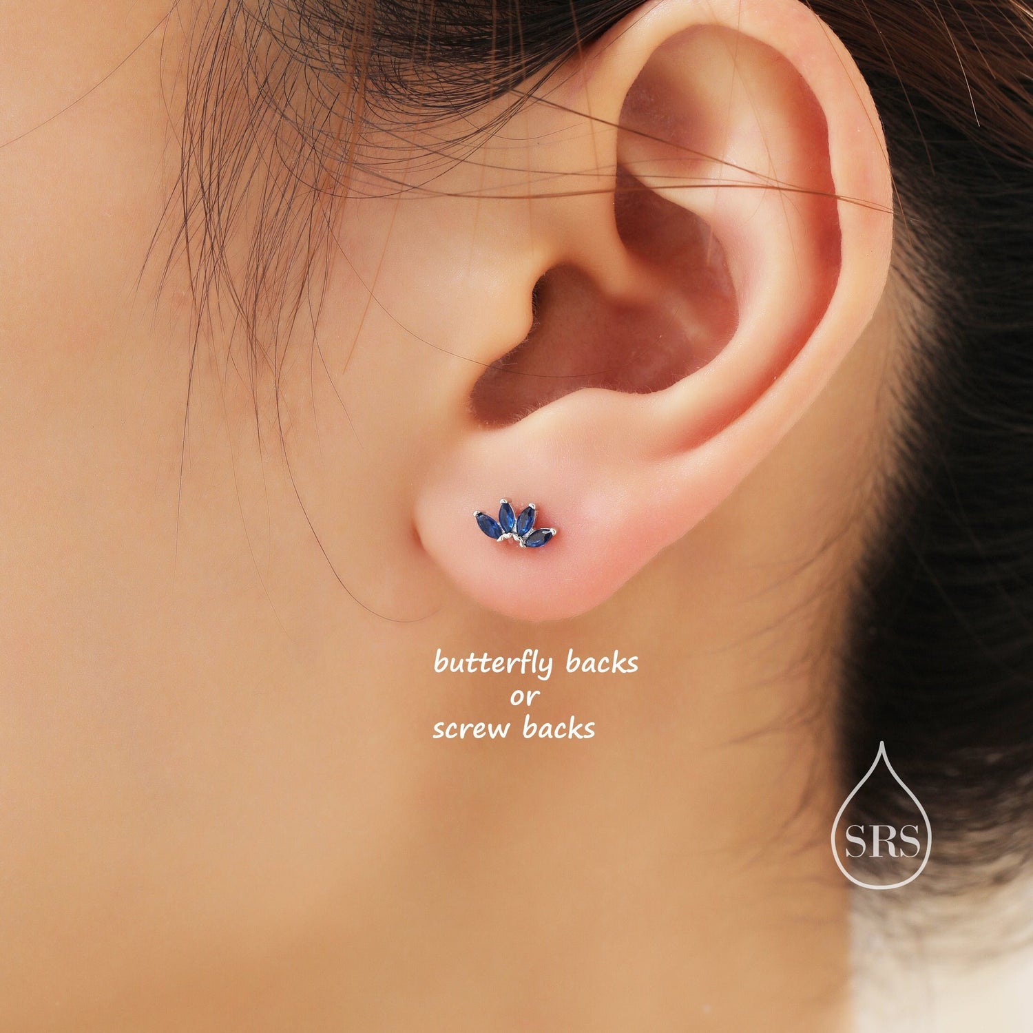 Sapphire Blue CZ Lotus Flower 18G Screw Back Earrings in Sterling Silver