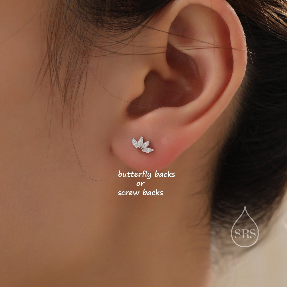 Lotus Flower CZ Screw Back or Stud Earrings in Sterling Silver, Silver or Gold, CZ Marquise Flower Barbell Earrings, Piercing Earrings
