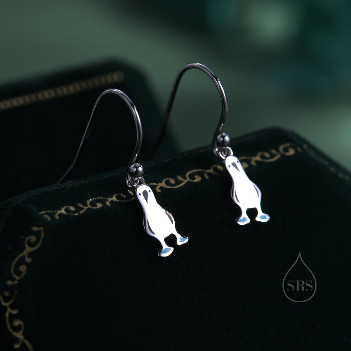 Sterling Silver Blue Footed Boobie Drop Hook Earrings, Tiny Blue-Footed Boobie Bird Dangle Earrings, Cute, Fun and Quirky Bird Jewellery