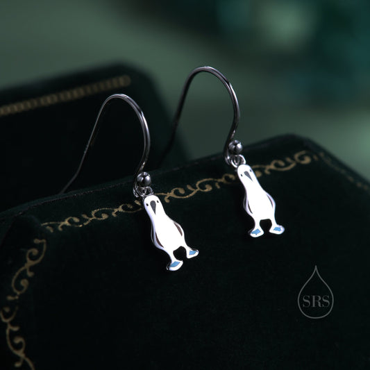 Sterling Silver Blue Footed Boobie Drop Hook Earrings, Tiny Blue-Footed Boobie Bird Dangle Earrings, Cute, Fun and Quirky Bird Jewellery