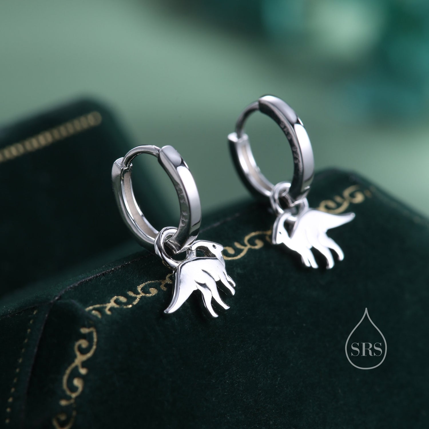 Sterling Silver Parasaurolophus Dinosaur Dangle Hoop Earrings, Silver, Gold or Rose Gold, Dinosaur Huggie Hoops, Interchangeable Detachable