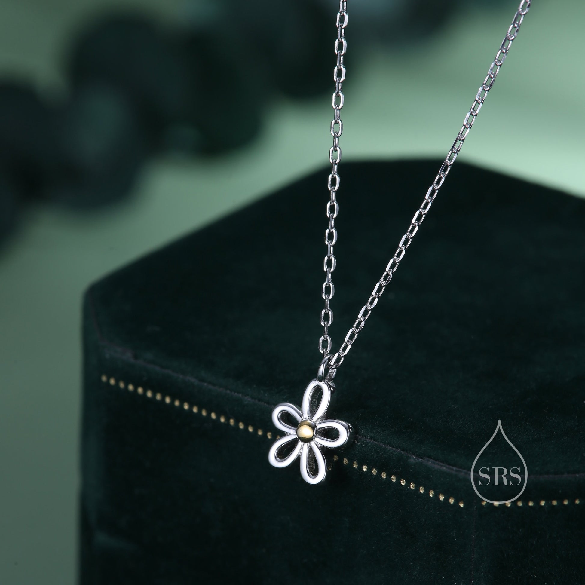 Sterling Silver Tiny Little Forget Me Not Flower Blossom Pendant Necklace with 18ct Gold Plating, Cut-Out Forget-me-not Necklace