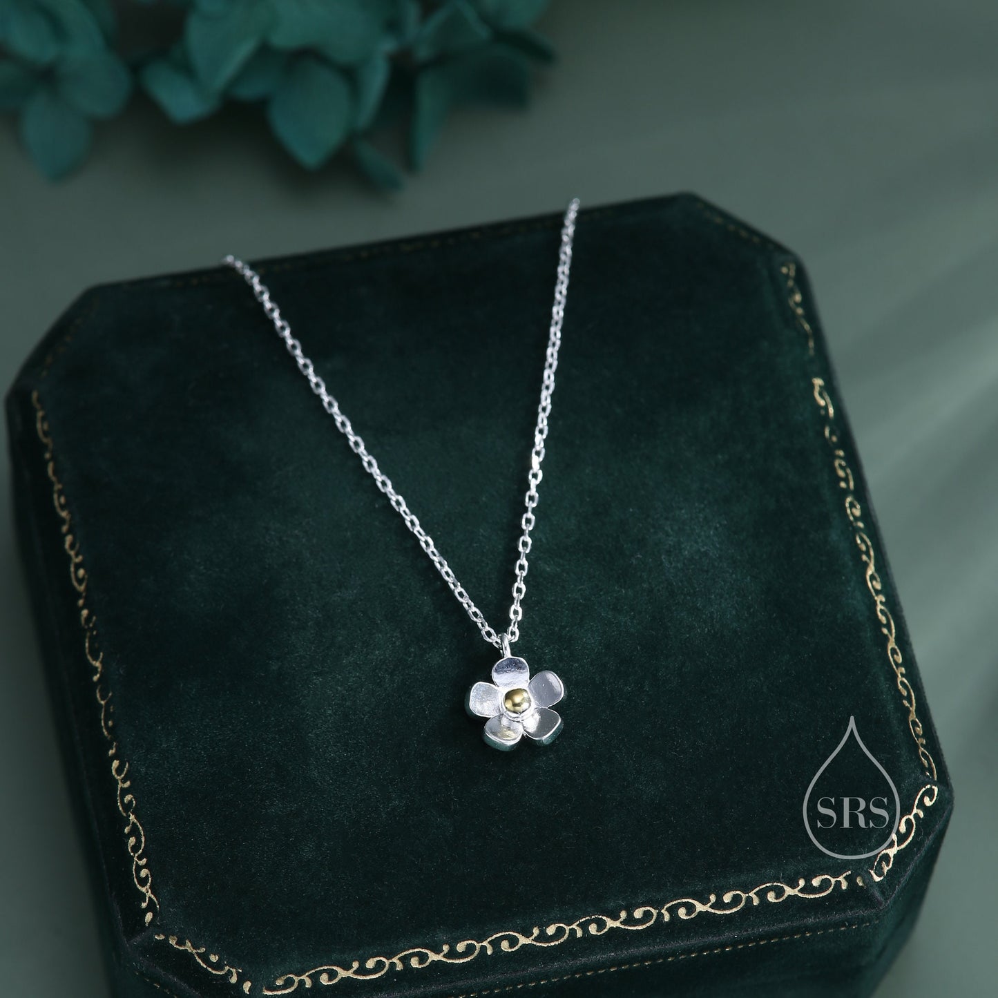 Sterling Silver Tiny Little Forget Me Not Flower Blossom Pendant Necklace with 18ct Gold Plating, Dainty Forget-me-not Necklace