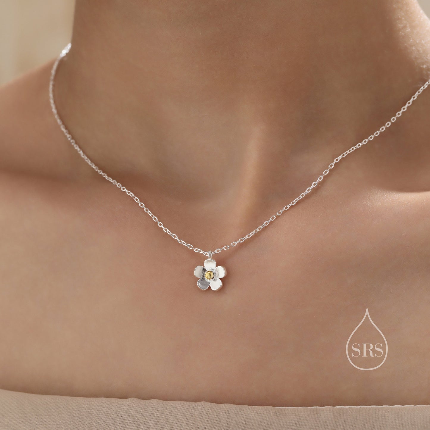 Sterling Silver Tiny Little Forget Me Not Flower Blossom Pendant Necklace with 18ct Gold Plating, Dainty Forget-me-not Necklace