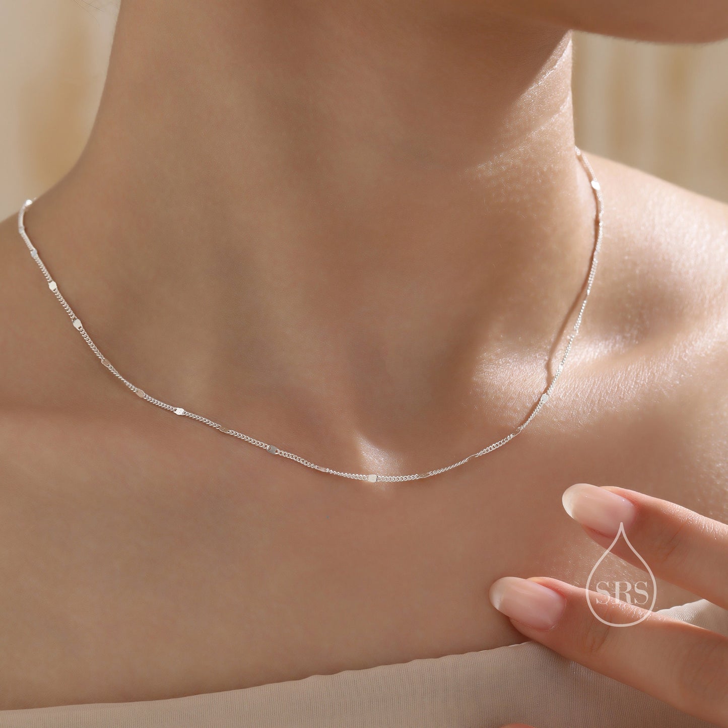 Minimalist Sparkle Disk Chain Choker Necklace in Sterling Silver, Available in Two Lengths, Silver or Gold, Skinny Necklace