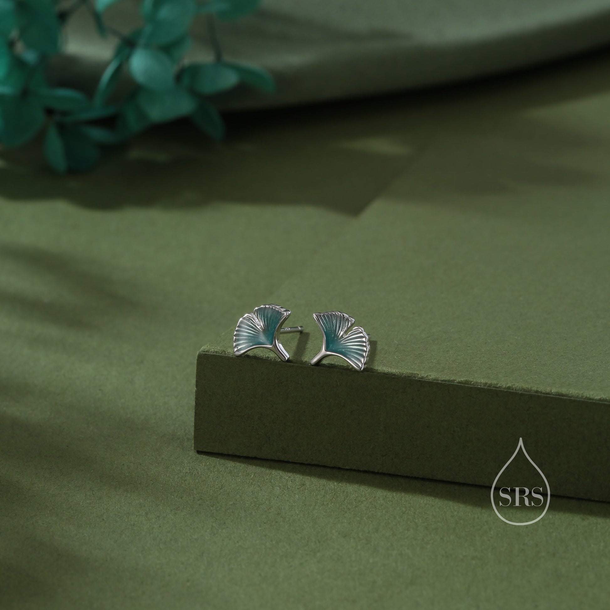 Enamel Ginkgo Leaf Stud Earrings in Sterling Silver, Petite Ginkgo Leaf Earrings, Small Ginkgo Leaf Stud, Nature Inspired