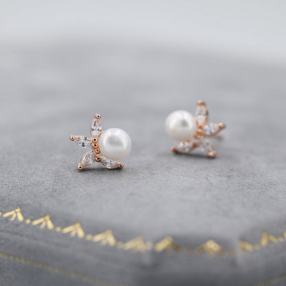 Genuine Freshwater Pearl with Marquise CZ Stud Earrings in Sterling Silver, Delicate Tiny Pearl and CZ Earrings, Genuine Pearls.