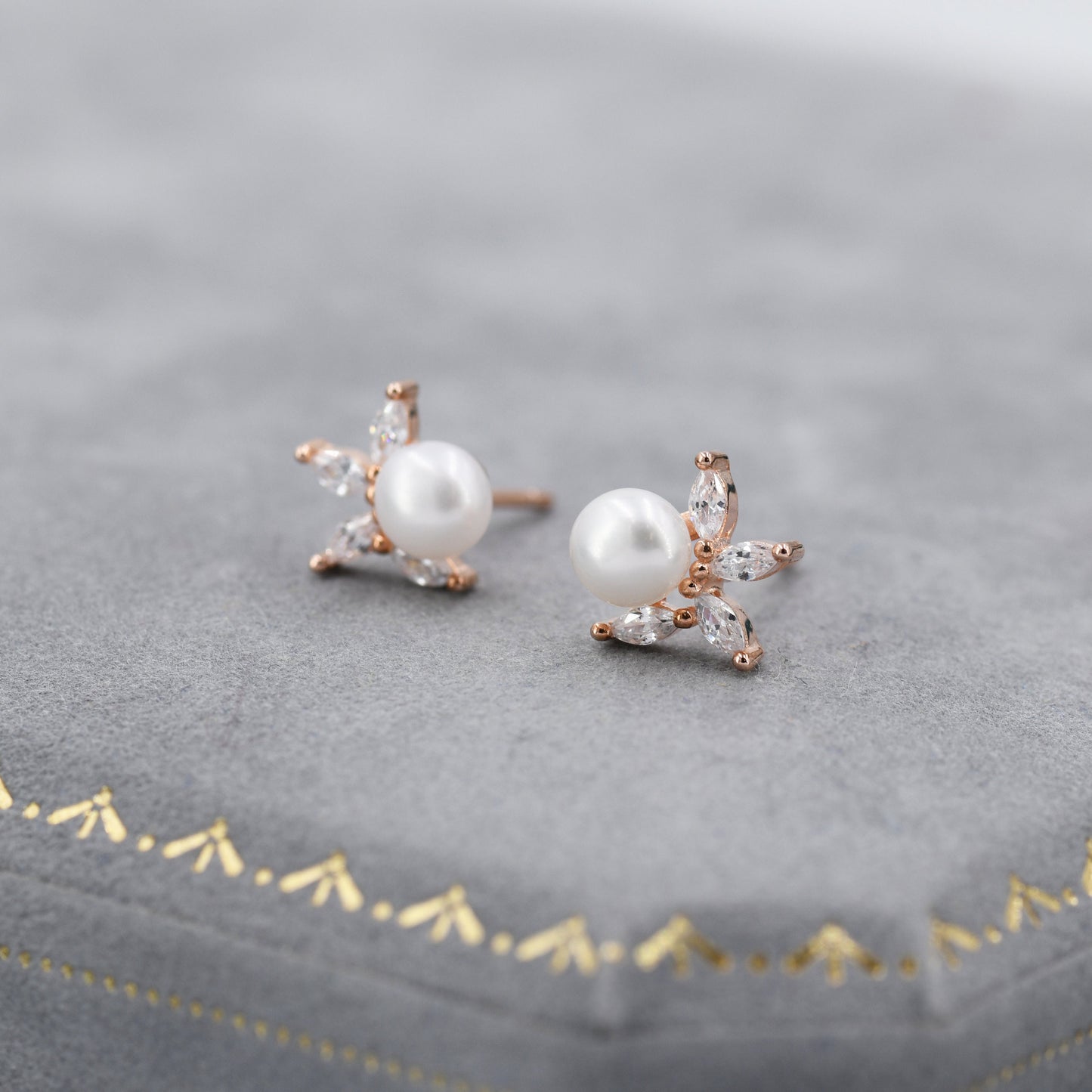 Genuine Freshwater Pearl with Marquise CZ Stud Earrings in Sterling Silver, Delicate Tiny Pearl and CZ Earrings, Genuine Pearls.