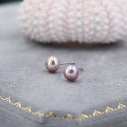 Genuine Purple Pink Pearl Stud Earrings in Sterling Silver, 5mm - 8mm, Small Pearl Stud and Large Pearl Stud, Silver pearl Earrings,