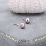 Genuine Purple Pink Pearl Stud Earrings in Sterling Silver, 5mm - 8mm, Small Pearl Stud and Large Pearl Stud, Silver pearl Earrings,