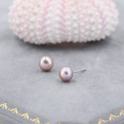 Genuine Purple Pink Pearl Stud Earrings in Sterling Silver, 5mm - 8mm, Small Pearl Stud and Large Pearl Stud, Silver pearl Earrings,