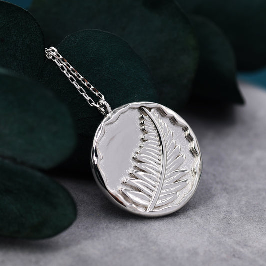 Fern Leaf  Round Disk Coin Pendant Necklace in Sterling Silver, Silver Leaf Pendant, Silver or Gold, Nature Inspired Jewellery,