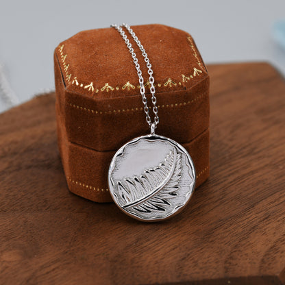 Fern Leaf  Round Disk Coin Pendant Necklace in Sterling Silver, Silver Leaf Pendant, Silver or Gold, Nature Inspired Jewellery,