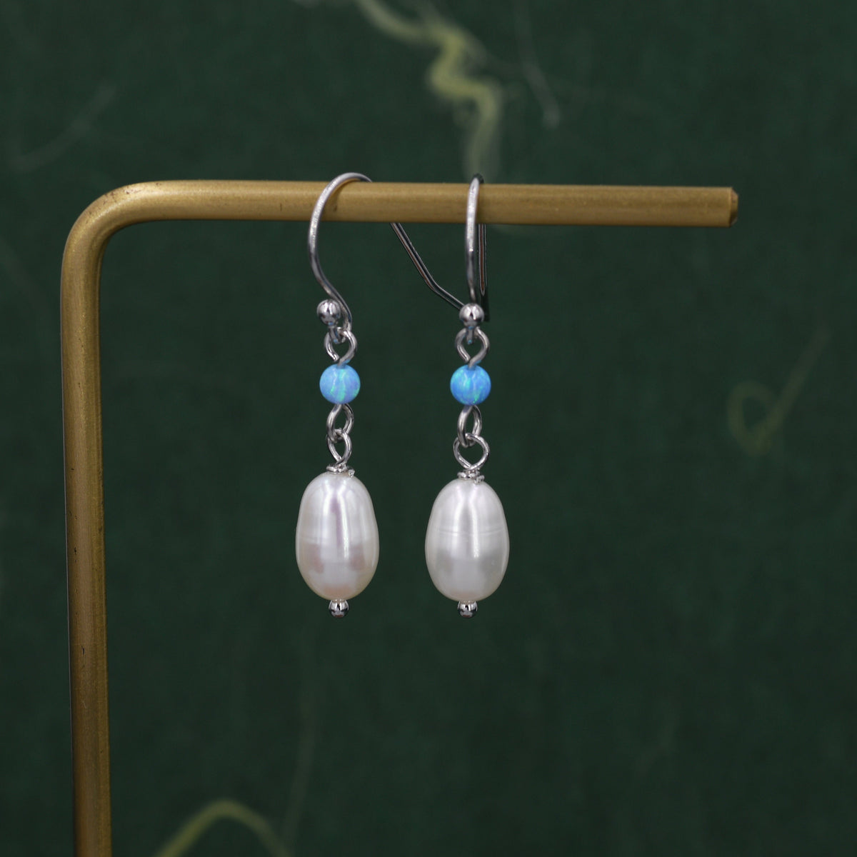 Genuine Freshwater Pearl and Blue Opal Drop Earrings in Sterling Silver, Delicate Keshi Pearl and Opal Earrings, Genuine Freshwater Pearls