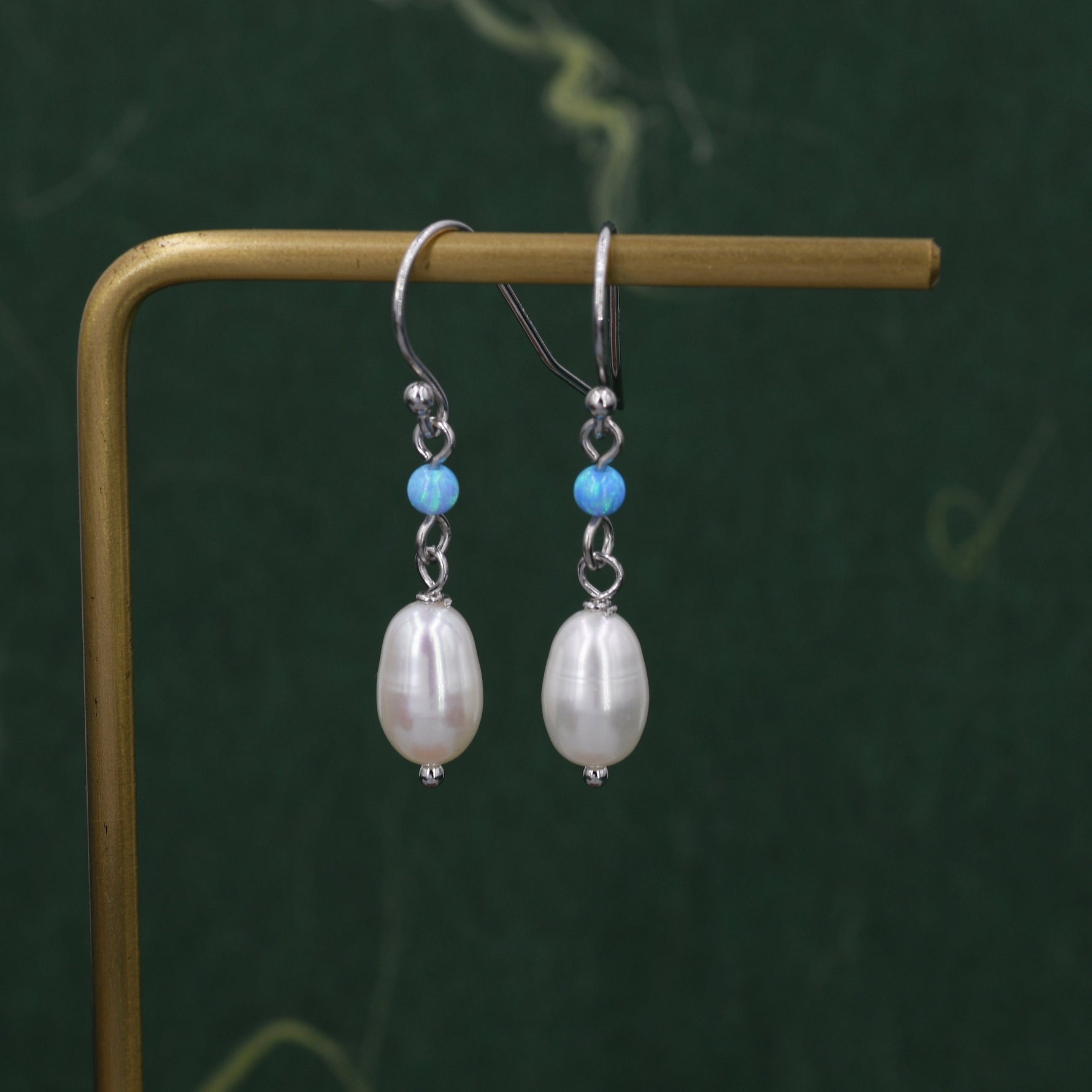 Genuine Freshwater Pearl and Blue Opal Drop Earrings in Sterling Silver, Delicate Keshi Pearl and Opal Earrings, Genuine Freshwater Pearls