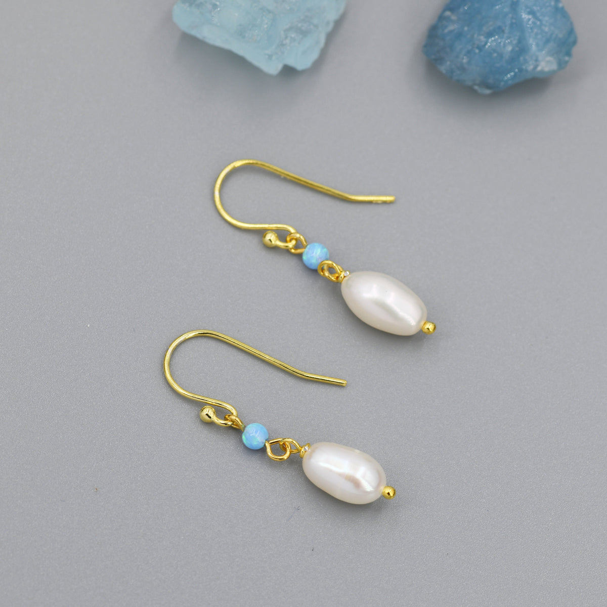 Genuine Freshwater Pearl and Blue Opal Drop Earrings in Sterling Silver, Delicate Keshi Pearl and Opal Earrings, Genuine Freshwater Pearls