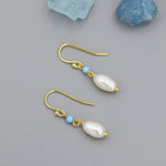 Genuine Freshwater Pearl and Blue Opal Drop Earrings in Sterling Silver, Delicate Keshi Pearl and Opal Earrings, Genuine Freshwater Pearls