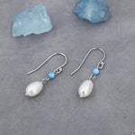 Genuine Freshwater Pearl and Blue Opal Drop Earrings in Sterling Silver, Delicate Keshi Pearl and Opal Earrings, Genuine Freshwater Pearls