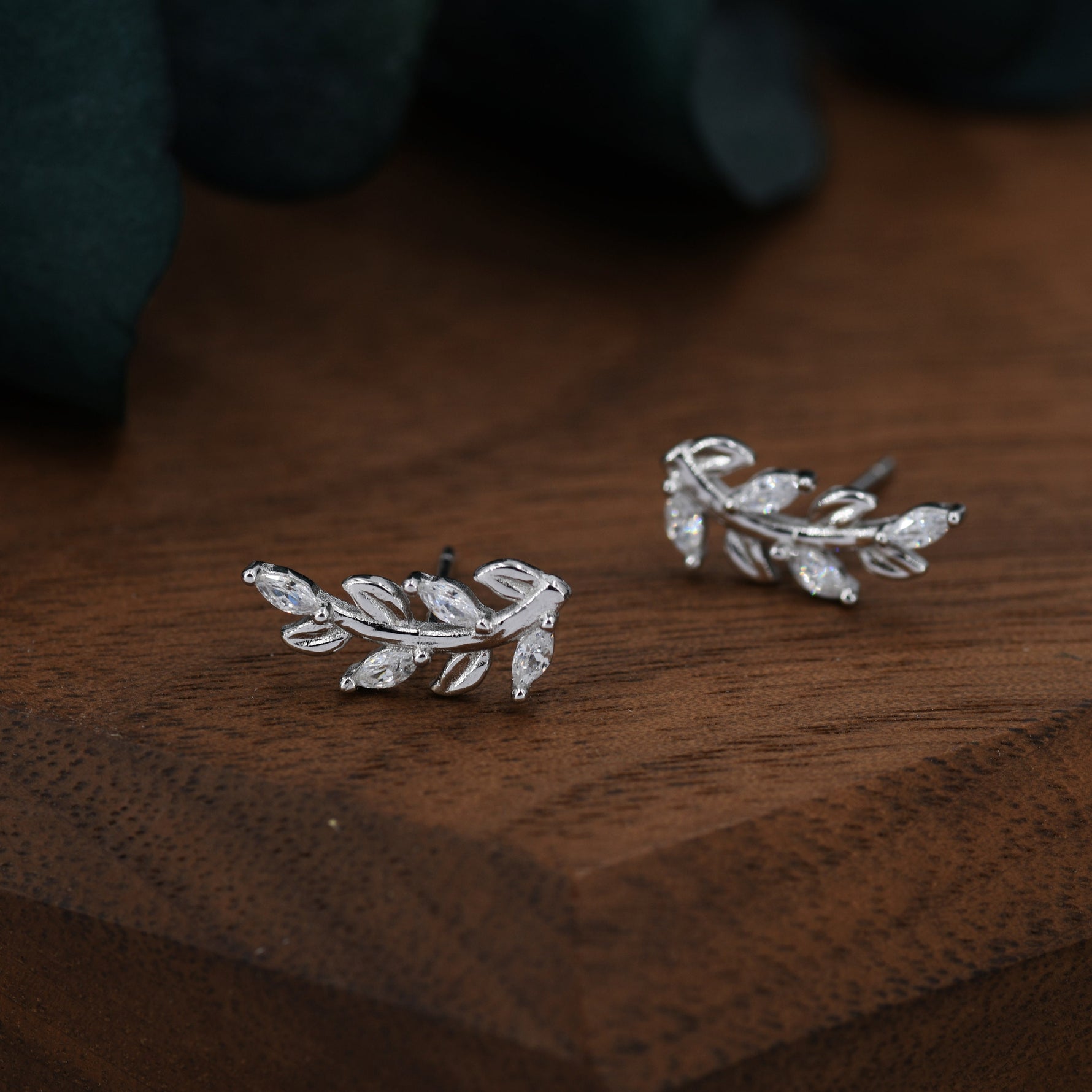 Sparkly Leaf CZ Stud Earrings in Sterling Silver, Silver or Gold, Bridal Jewellery, Bridesmaid's Earrings, Nature Inspired, Botanical