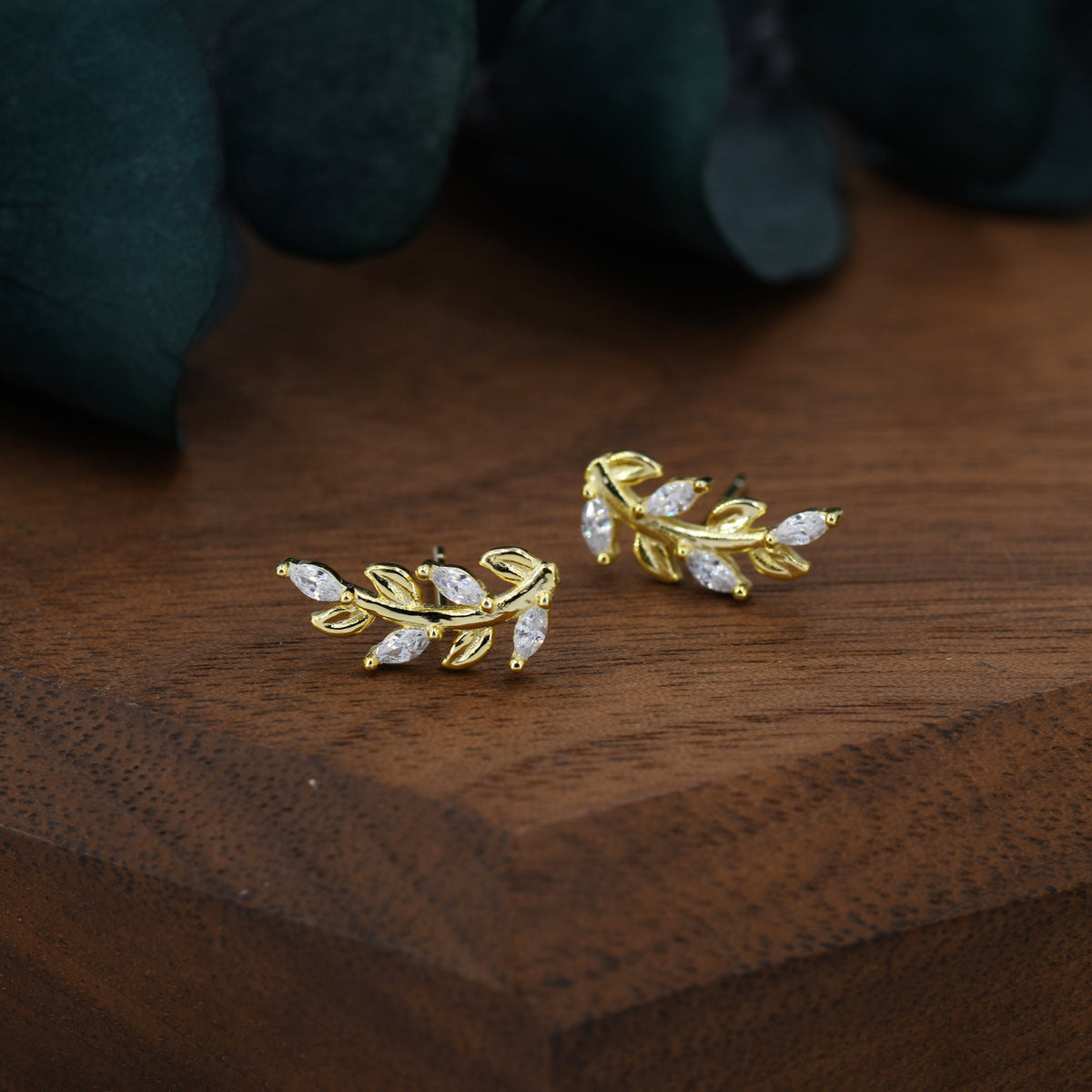 Sparkly Leaf CZ Stud Earrings in Sterling Silver, Silver or Gold, Bridal Jewellery, Bridesmaid's Earrings, Nature Inspired, Botanical