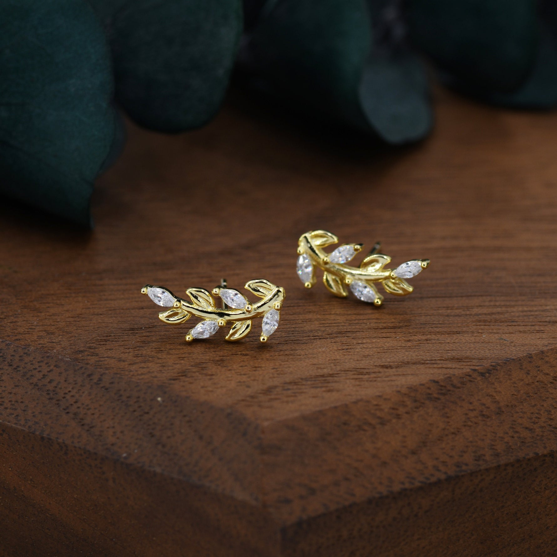 Sparkly Leaf CZ Stud Earrings in Sterling Silver, Silver or Gold, Bridal Jewellery, Bridesmaid's Earrings, Nature Inspired, Botanical