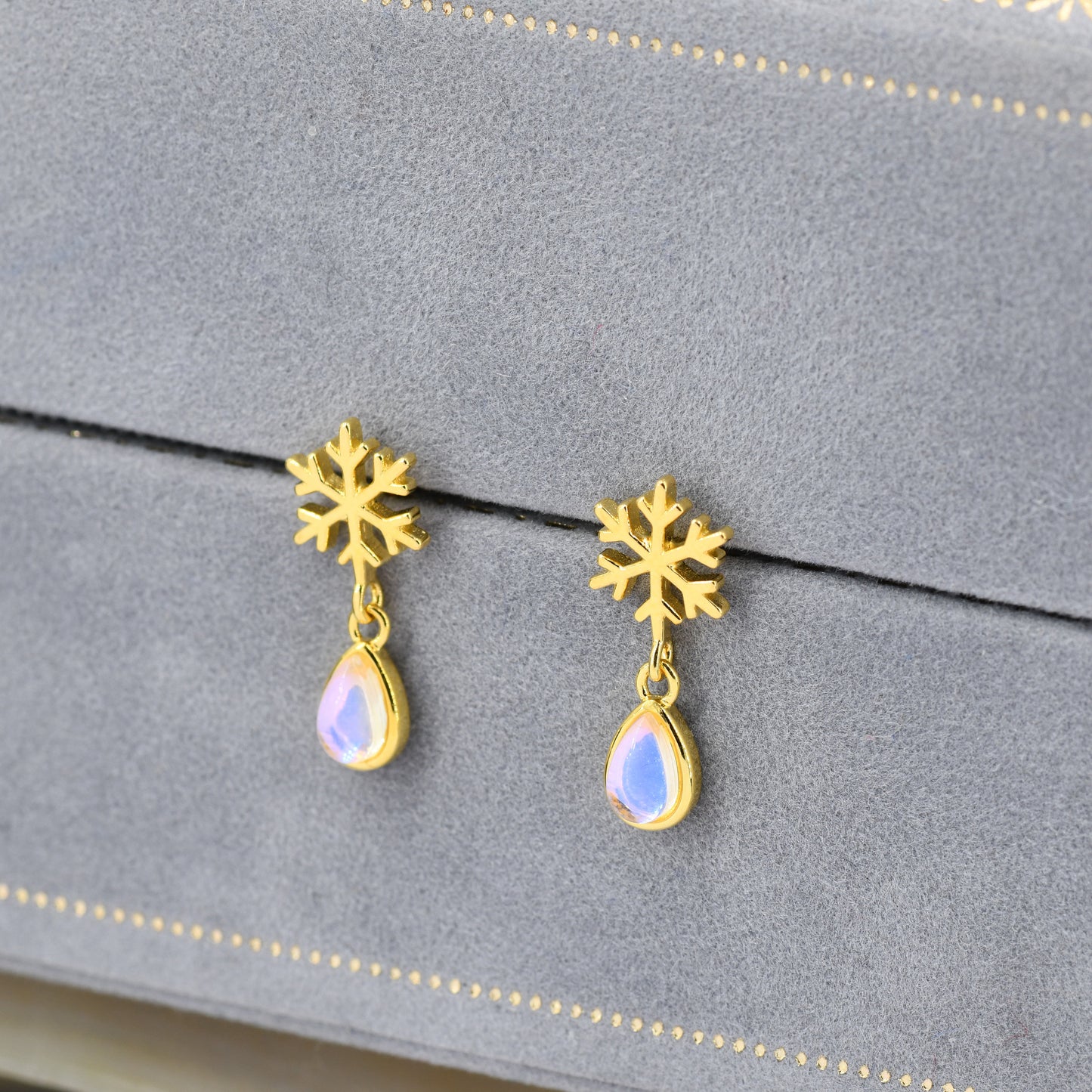 Snowflake and Moonstone Stud Earrings in Sterling Silver, Snow Earrings, Moonstone Droplet Earrings