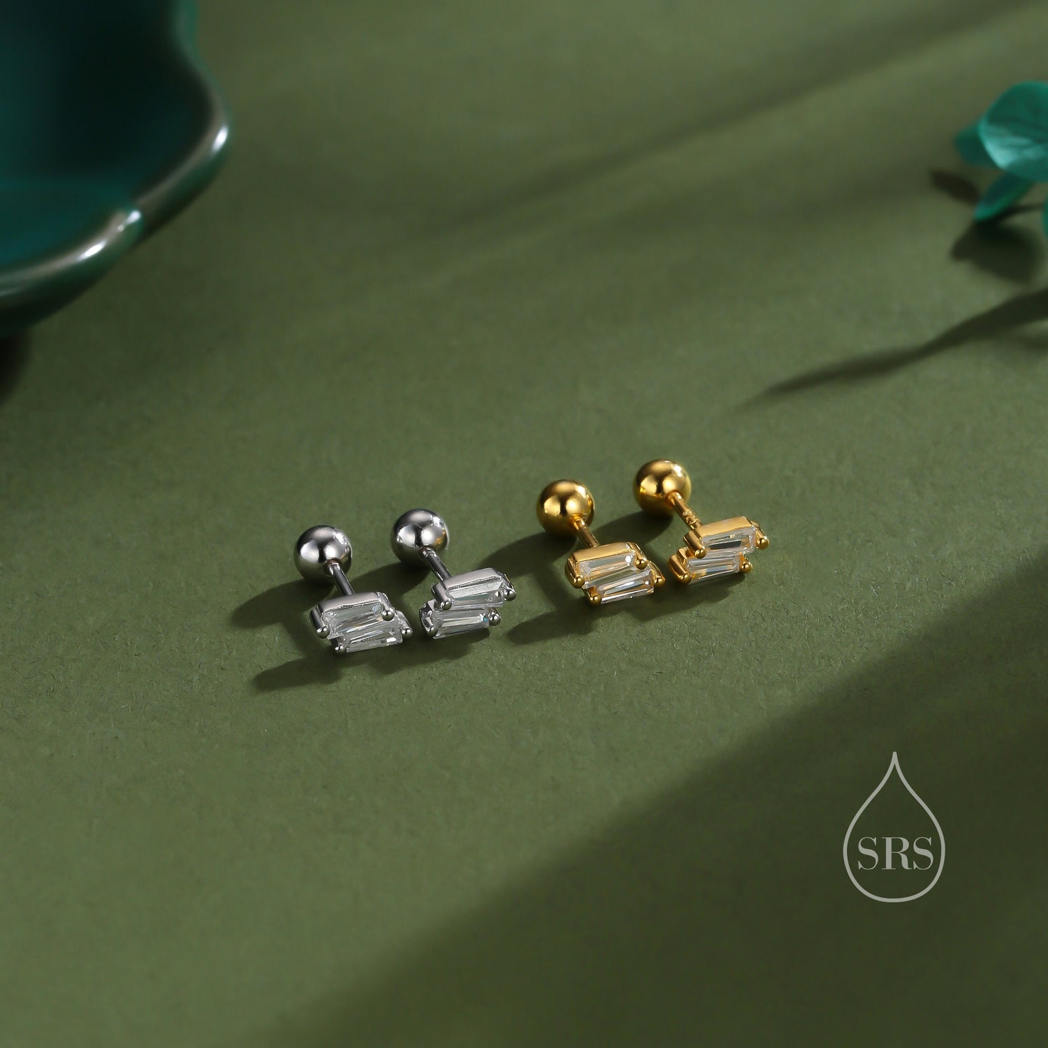 Double Trapezoid CZ 18G Screw Back Earrings in Sterling Silver