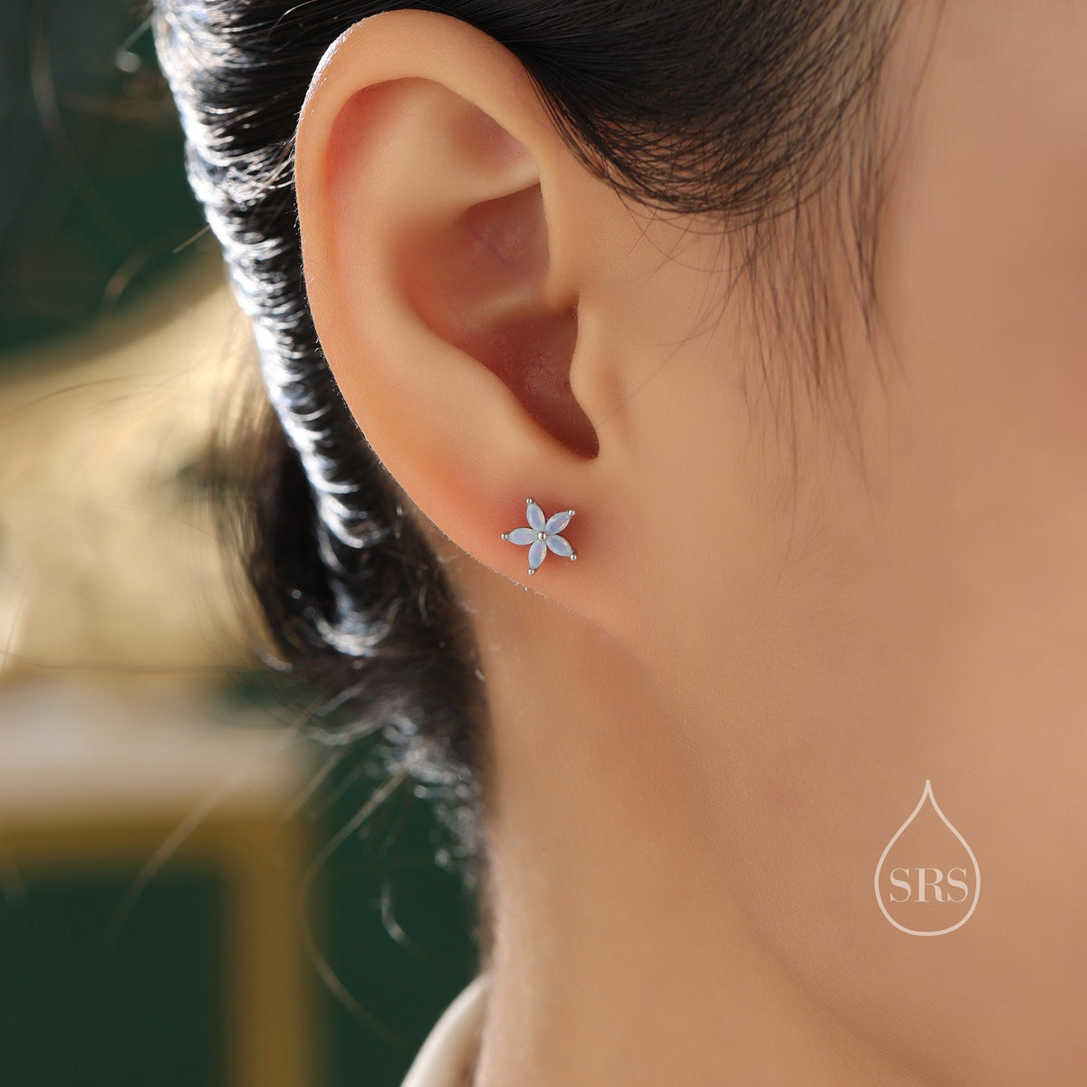 Opal Blue or Opal Pink CZ Flower Stud Earrings in Sterling Silver, Silver or Gold or Rose Gold, Crystal Earrings, Forget Me Not Stud