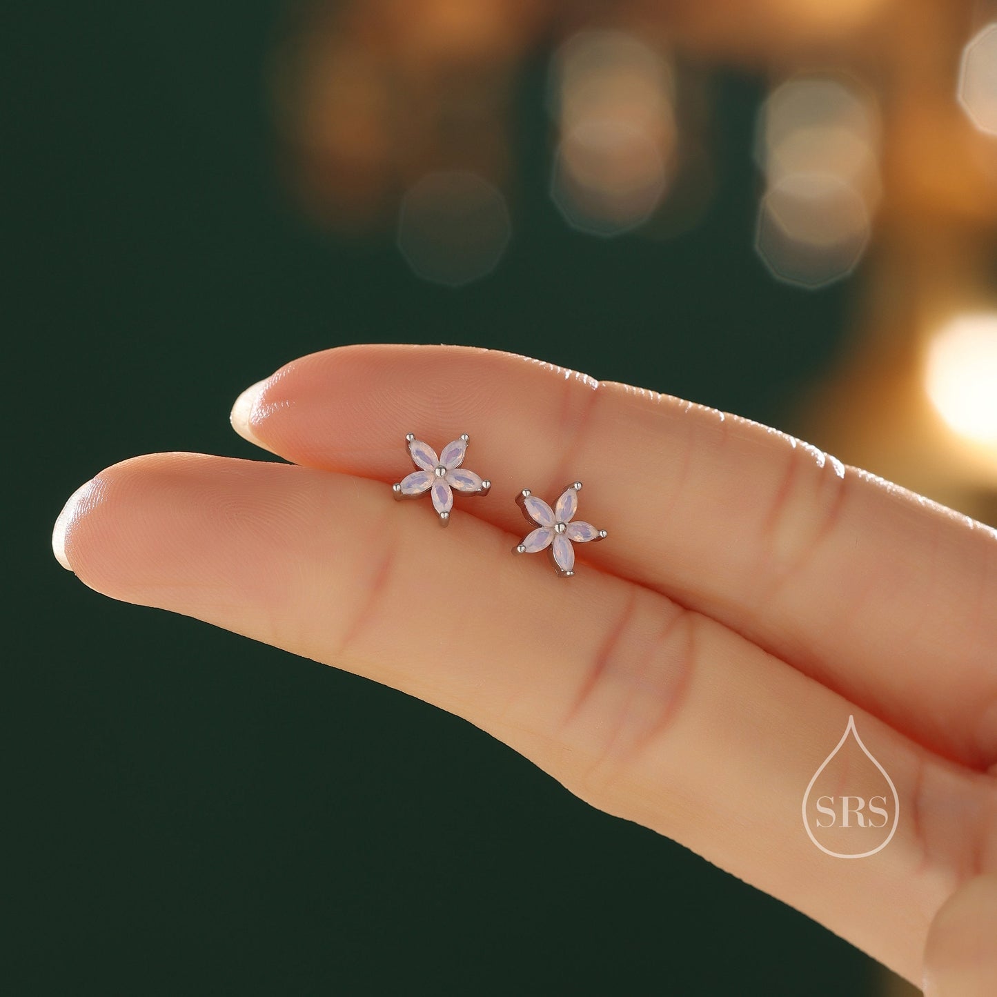 Opal Blue or Opal Pink CZ Flower Stud Earrings in Sterling Silver, Silver or Gold or Rose Gold, Crystal Earrings, Forget Me Not Stud