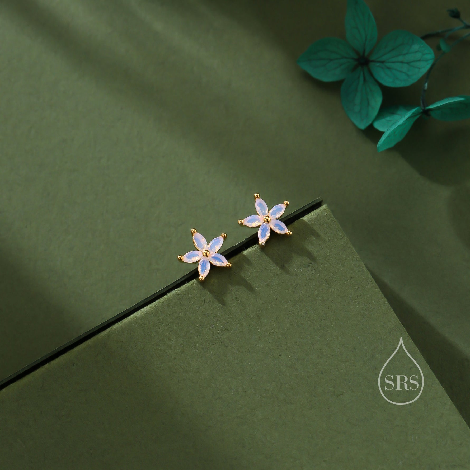 Opal Blue or Opal Pink CZ Flower Stud Earrings in Sterling Silver, Silver or Gold or Rose Gold, Crystal Earrings, Forget Me Not Stud