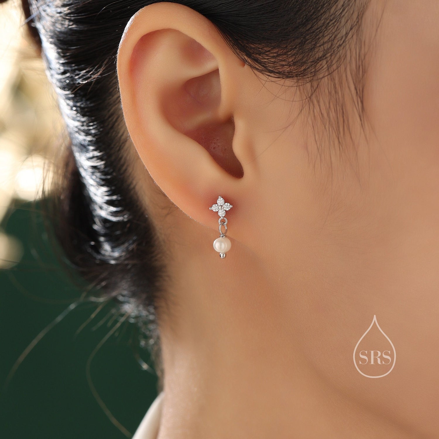Genuine Baroque Pearl and Hydrangea Flower CZ Drop Earrings in Sterling Silver, Silver or Gold or Rose Gold, Delicate Keshi Pearl Earrings